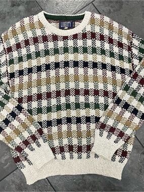 Vintage liberty Cream Crewneck Sweater with Green, Navy, Burgundy, and Tan Check